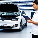 A professional automotive technician, male or female, in a clean, professional work uniform, fully clothed, appropriate attire, modest. They are standing confidently beside a sleek electric vehicle (EV) in a bright, futuristic service bay, interacting with a high-tech diagnostic tablet displaying complex vehicle data and software interfaces. The technician points towards an exposed high-voltage battery module or electric motor components, showcasing understanding of intricate systems. The background features a well-lit, immaculate, high-tech auto service center with large monitors displaying wiring diagrams or real-time diagnostic readings. Perfect anatomy, natural pose, correct proportions, well-formed hands, proper finger count, natural body proportions, professional photography, high resolution, realistic, sharp focus, clean lighting, safe for work, appropriate content, family-friendly, professional dress.