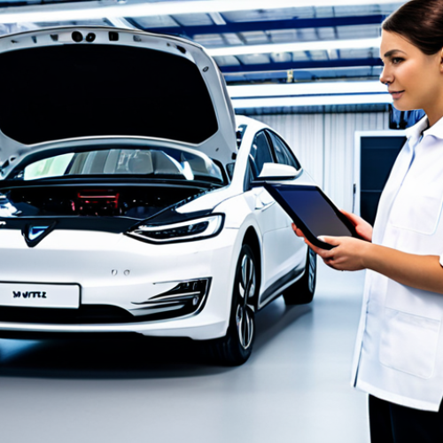 Home 16 A professional automotive technician, male or female, in a clean, professional work uniform, fully clothed, appropriate attire, modest. They are standing confidently beside a sleek electric vehicle (EV) in a bright, futuristic service bay, interacting with a high-tech diagnostic tablet displaying complex vehicle data and software interfaces. The technician points towards an exposed high-voltage battery module or electric motor components, showcasing understanding of intricate systems. The background features a well-lit, immaculate, high-tech auto service center with large monitors displaying wiring diagrams or real-time diagnostic readings. Perfect anatomy, natural pose, correct proportions, well-formed hands, proper finger count, natural body proportions, professional photography, high resolution, realistic, sharp focus, clean lighting, safe for work, appropriate content, family-friendly, professional dress.
