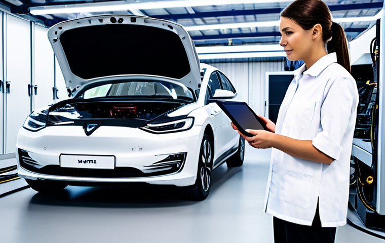 A professional automotive technician, male or female, in a clean, professional work uniform, fully clothed, appropriate attire, modest. They are standing confidently beside a sleek electric vehicle (EV) in a bright, futuristic service bay, interacting with a high-tech diagnostic tablet displaying complex vehicle data and software interfaces. The technician points towards an exposed high-voltage battery module or electric motor components, showcasing understanding of intricate systems. The background features a well-lit, immaculate, high-tech auto service center with large monitors displaying wiring diagrams or real-time diagnostic readings. Perfect anatomy, natural pose, correct proportions, well-formed hands, proper finger count, natural body proportions, professional photography, high resolution, realistic, sharp focus, clean lighting, safe for work, appropriate content, family-friendly, professional dress.