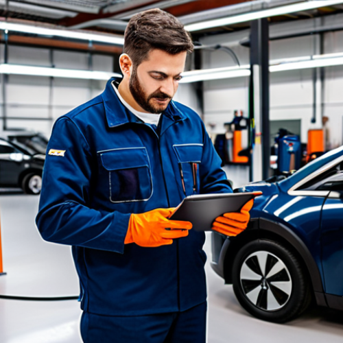 Home 15 A professional male auto mechanic with a clean, focused expression, wearing a clean, modest dark blue uniform with an embroidered logo, fully clothed, appropriate attire. He stands confidently beside an electric vehicle (EV) with its hood open, carefully examining high-voltage orange cables. He holds a diagnostic tablet displaying circuit diagrams in one hand, while the other hand wears bright orange high-voltage safety gloves. The setting is a brightly lit, modern, and impeccably clean automotive service bay with polished floors and organized tools. Specialized EV charging stations and advanced diagnostic equipment are visible in the background. Professional lighting, shallow depth of field, high-resolution photography, crisp details, perfect anatomy, correct proportions, natural pose, well-formed hands, proper finger count, natural body proportions, safe for work, appropriate content, family-friendly, professional dress.