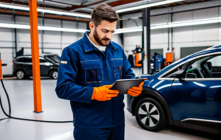 A professional male auto mechanic with a clean, focused expression, wearing a clean, modest dark blue uniform with an embroidered logo, fully clothed, appropriate attire. He stands confidently beside an electric vehicle (EV) with its hood open, carefully examining high-voltage orange cables. He holds a diagnostic tablet displaying circuit diagrams in one hand, while the other hand wears bright orange high-voltage safety gloves. The setting is a brightly lit, modern, and impeccably clean automotive service bay with polished floors and organized tools. Specialized EV charging stations and advanced diagnostic equipment are visible in the background. Professional lighting, shallow depth of field, high-resolution photography, crisp details, perfect anatomy, correct proportions, natural pose, well-formed hands, proper finger count, natural body proportions, safe for work, appropriate content, family-friendly, professional dress.