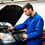 Skilled Mechanic**

"A skilled auto mechanic in a professional garage setting, fully clothed in work attire, meticulously examining an engine. Tools are neatly arranged, good lighting, safe for work, appropriate content, perfect anatomy, correct proportions, professional, modest, family-friendly, well-formed hands, proper finger count, natural pose, high quality."

**