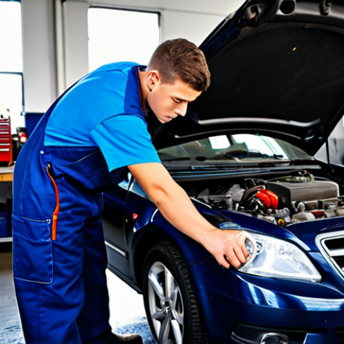 Home 5 자동차정비사 자기소개서 작성 가이드 - **Prompt:** A determined young car mechanic, fully clothed in professional overalls, working diligen...