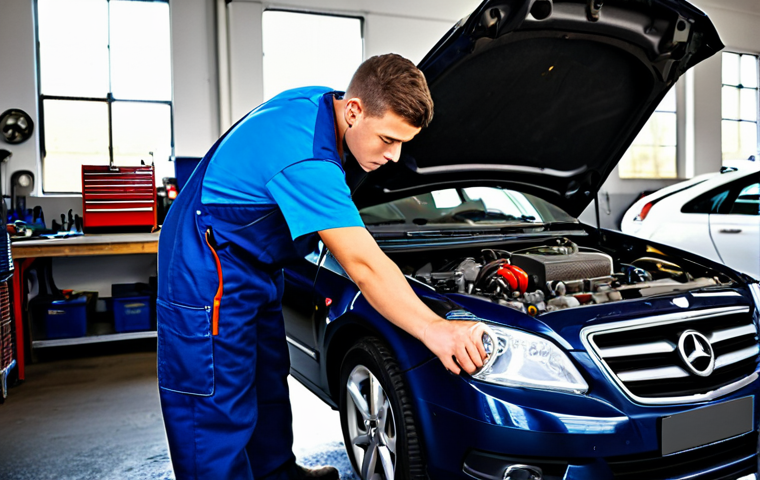 자동차정비사 자기소개서 작성 가이드 - **Prompt:** A determined young car mechanic, fully clothed in professional overalls, working diligen...