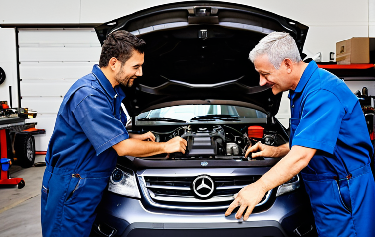 자동차정비사 자기소개서 작성 가이드 - **Prompt:** A determined young car mechanic, fully clothed in professional overalls, working diligen...