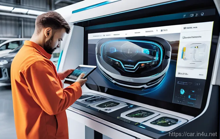 자동차정비사 연봉 인상 사례 - A professional automotive technician, in their late 20s to early 30s, wearing a clean, modern work u...