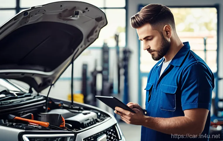 자동차정비사 연봉 인상 사례 - A professional automotive technician, in their late 20s to early 30s, wearing a clean, modern work u...