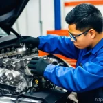 Home 18 자동차정비 산업기사 실습 관련 추천 영상 - **Image Prompt: Engine Disassembly and Digital Learning**
A young, diverse mechanic, wearing a c...