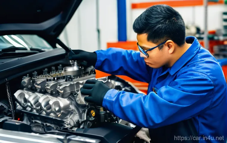 자동차정비 산업기사 실습 관련 추천 영상 - **Image Prompt: Engine Disassembly and Digital Learning**
    A young, diverse mechanic, wearing a c...