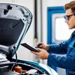 Home 17 자동차정비 자격증과 관련된 장비 사용법 - A bright, modern automotive repair shop, impeccably clean and organized. In the foreground, a profes...