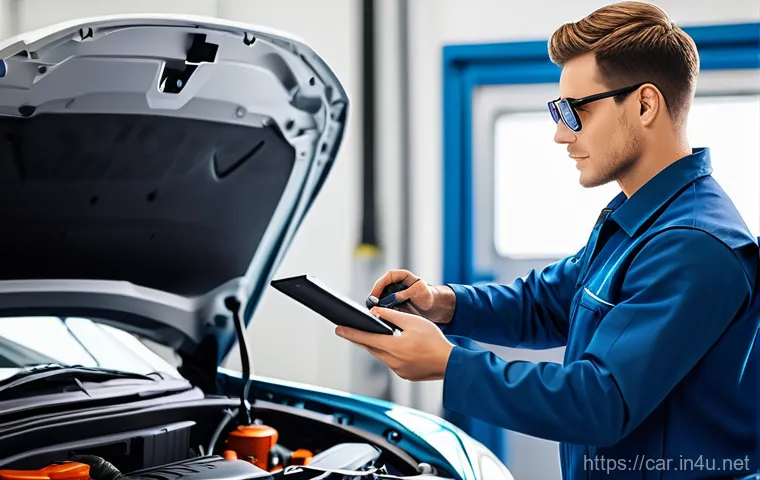 자동차정비 자격증과 관련된 장비 사용법 - A bright, modern automotive repair shop, impeccably clean and organized. In the foreground, a profes...