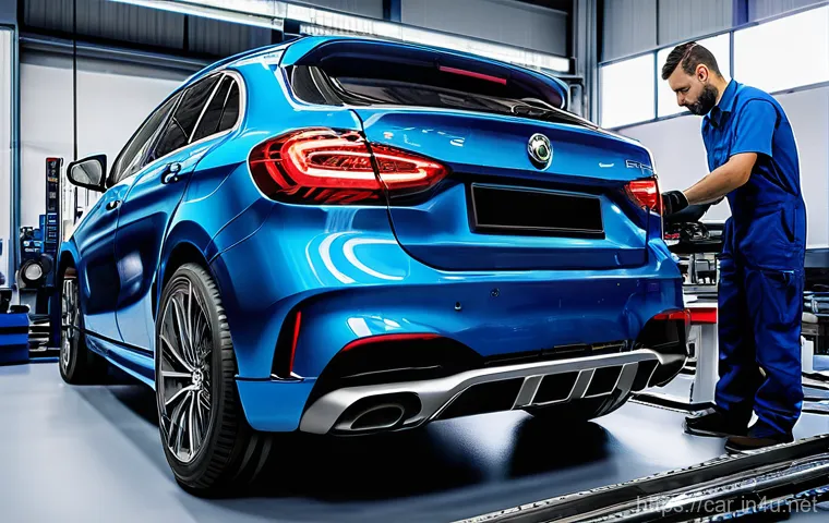 자동차정비 자격증과 관련된 장비 사용법 - A highly specialized electric vehicle (EV) service bay. A competent male or female technician, dress...