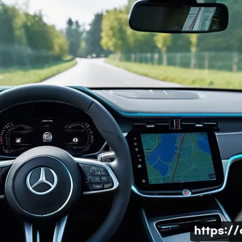 자동차정비 실무에서 흔히 발생하는 고장 사례 - A close-up shot from the driver's perspective inside a modern car, focusing on the dashboard and a l...