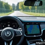 Home 14 자동차정비 실무에서 흔히 발생하는 고장 사례 - A close-up shot from the driver's perspective inside a modern car, focusing on the dashboard and a l...