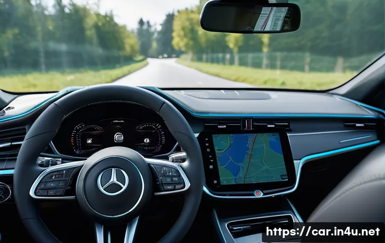 자동차정비 실무에서 흔히 발생하는 고장 사례 - A close-up shot from the driver's perspective inside a modern car, focusing on the dashboard and a l...